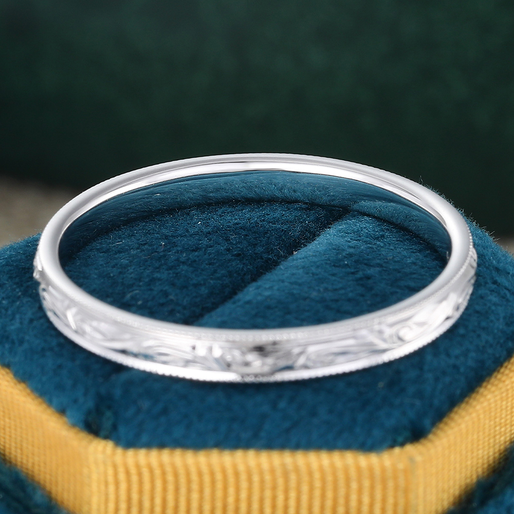 Juyoyo Vintage Scalloped Pav�� Moss Agate Wedding Band Engrave Stacking Ring