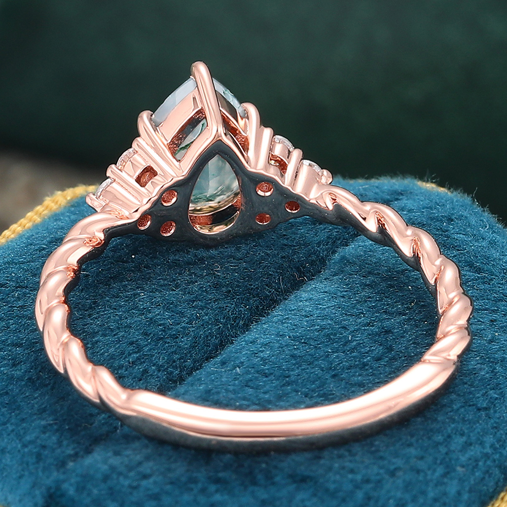 Pear Moss Agate Engagement Ring Twisted Ring with Moissanite Accents