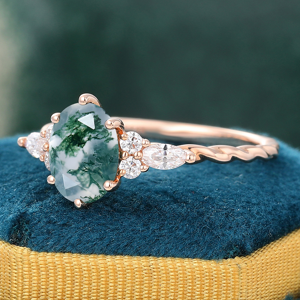 Oval Cut Moss Agate Twisted Engagement Ring with Moissanite Accents in Rose Gold