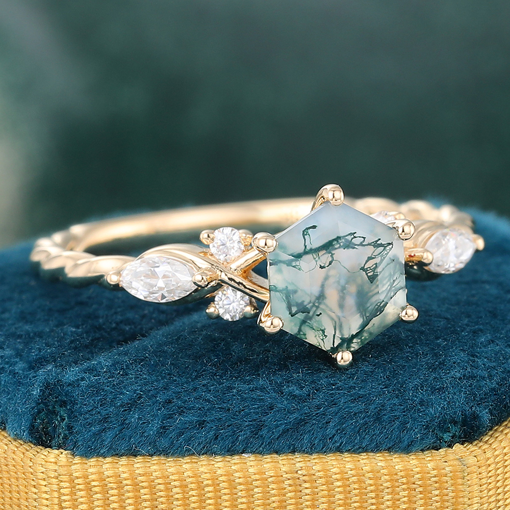 Juyoyo Vintage Hexagon Moss Agate Twisted Engagement Ring with Diamond Accents