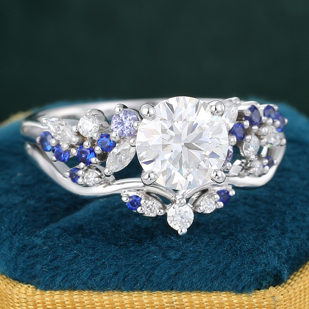 Juyoyo Round Cut Moissanite Bridal Ring Set Sapphire & Tanzanite Accented Engagement Ring