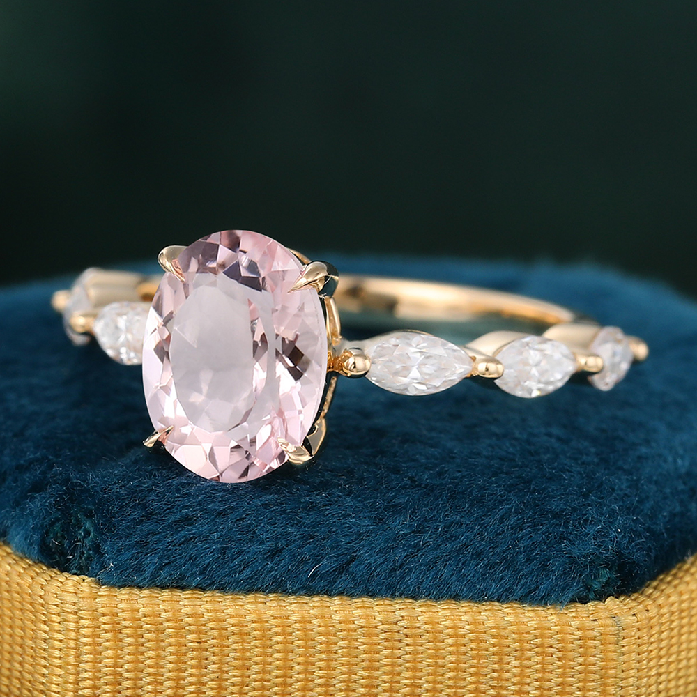 Oval Cut Morganite Engagement Ring with Marquise Moissanite Accents