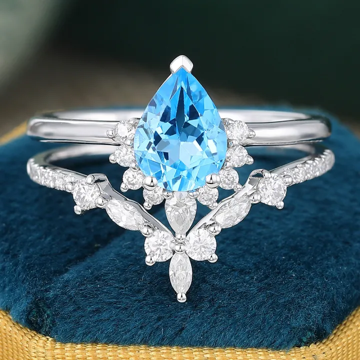 Pear Shaped Swiss Blue Topaz Ring Half Halo Engagement Ring Set in 14K White Gold - 2pcs