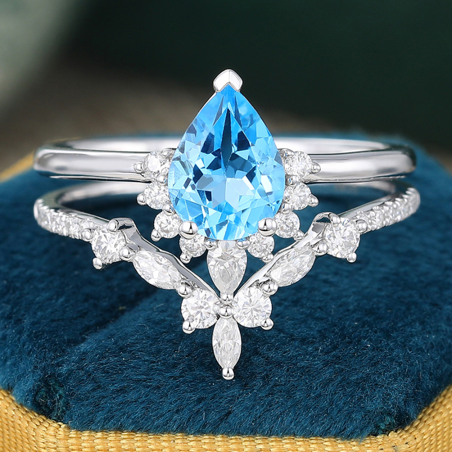 Pear Shaped Swiss Blue Topaz Ring Half Halo Engagement Ring Set