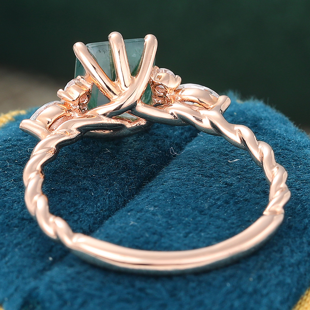 Juyoyo Emerald Cut Green Moss Agate Twisted Ring Rose Gold 