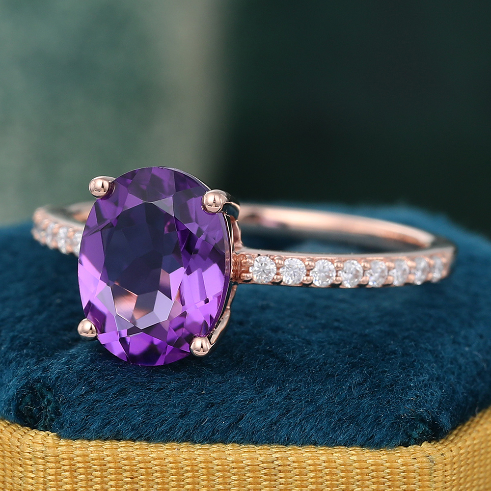 2ct Oval Cut Amethyst & Diamond Engagement Ring Pave Anniversary Promise Ring in 14K Rose Gold