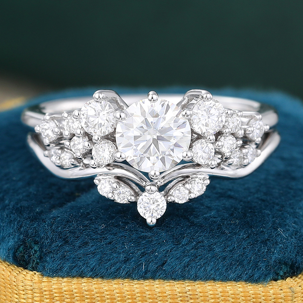 Round Cut Moissanite Engagement Ring Set Vintage Diamond Cluster Wedding Ring Set White Gold