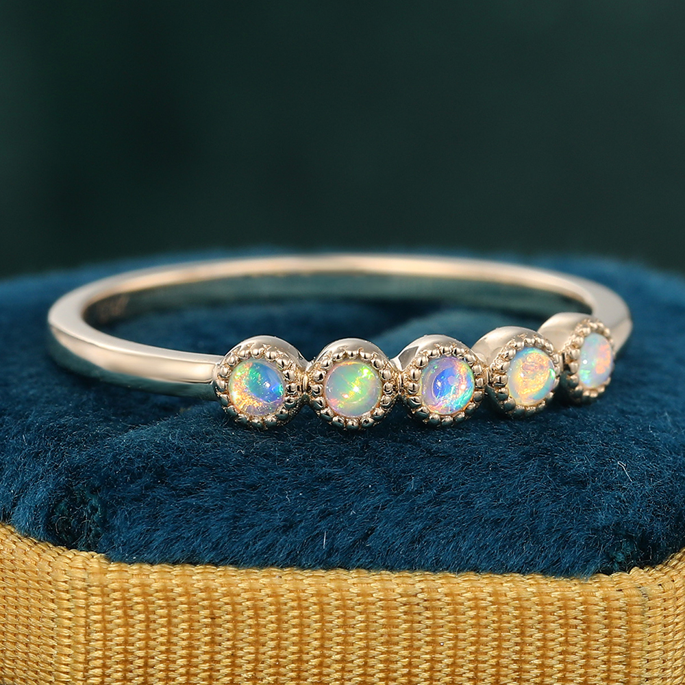 Exquisite 14K Yellow Gold Bezel Opal Wedding Band Anniversary Stacking Ring