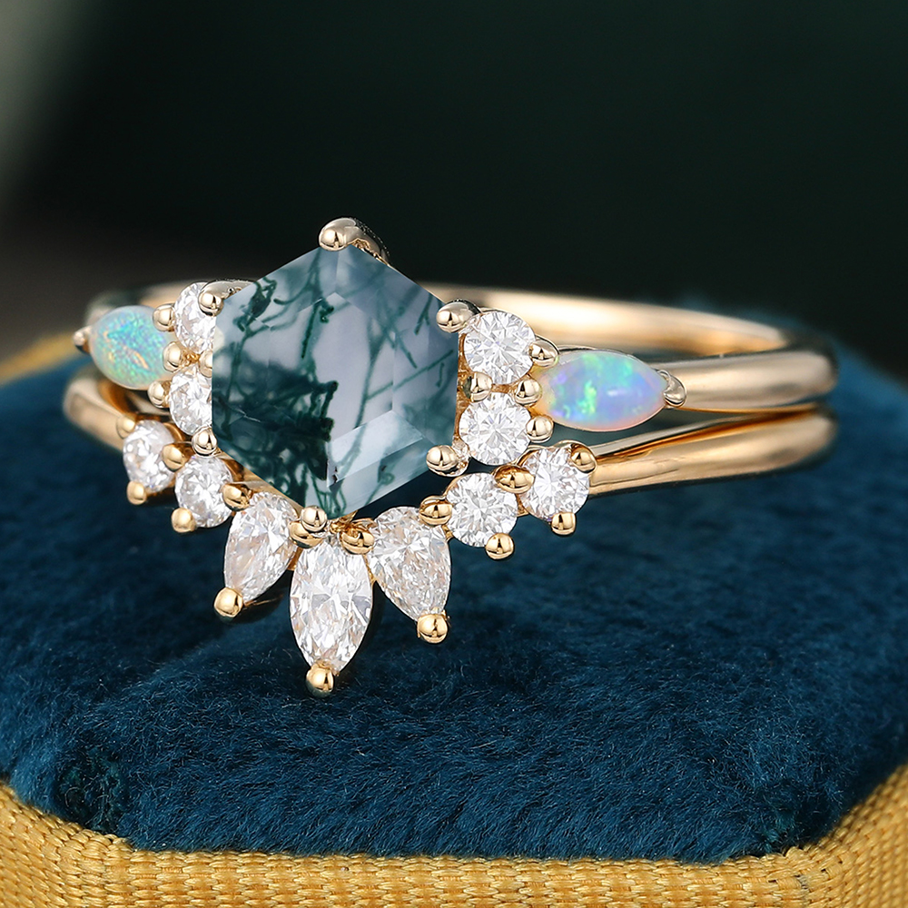Juyoyo Juyoyo 14K Yellow Gold Hexagon Cut Moss Agate Wedding Ring Set - 2pcs Bridal Ring Set