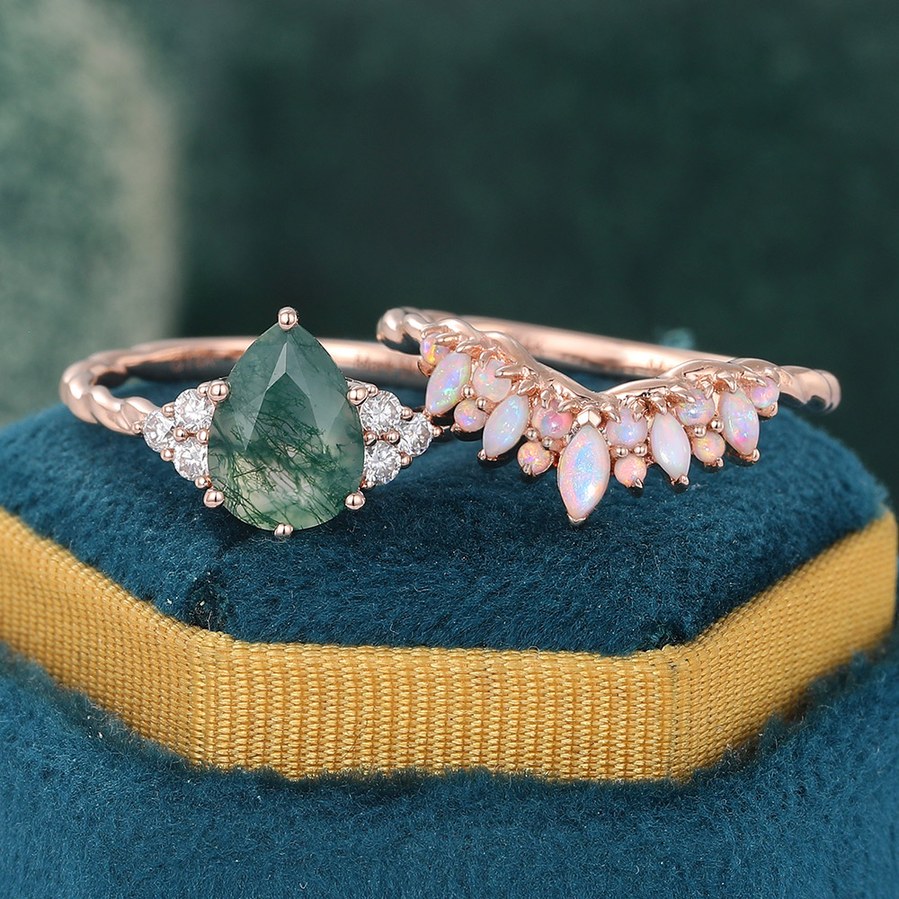Juyoyo Pear Moss Agate Engagement Ring and Opal Wedding Band
