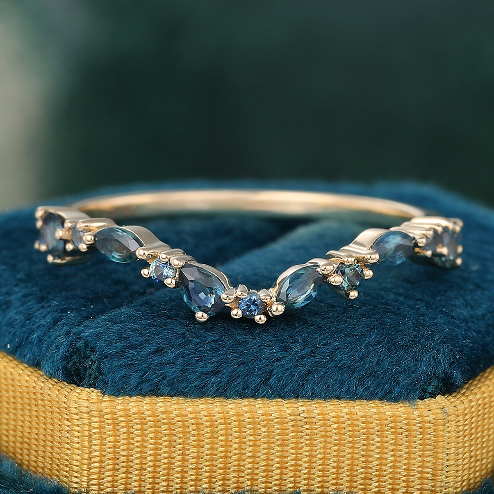 Delicate Green Blue Sapphire Wedding Band Curved Stacking Ring