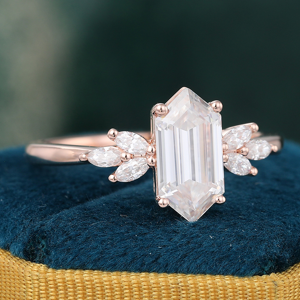 Juyoyo Elongated Hexagon Cut Moissanite Engagement Ring Rose Gold Bridal Ring for Women