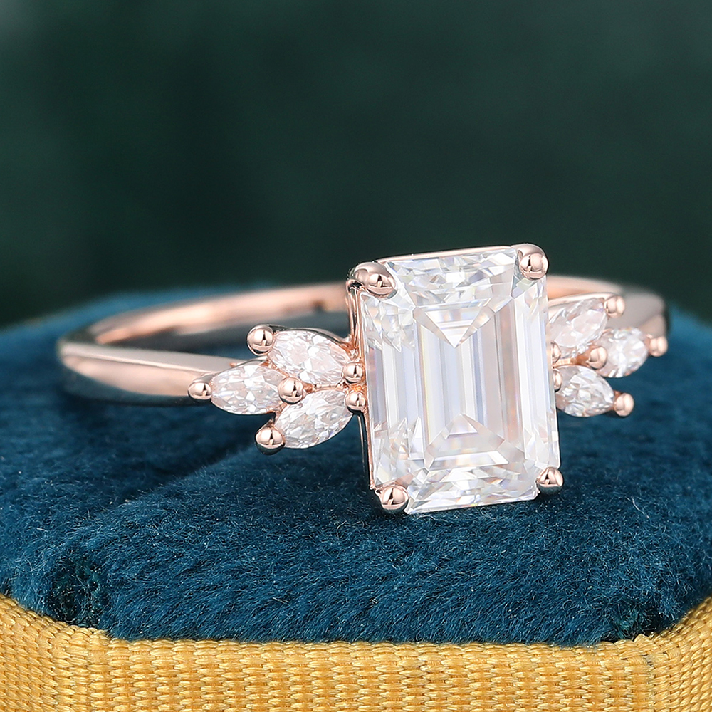 Juyoyo Vintage Emerald Cut Moissanite Engagement Ring Diamond Accents Bridal Ring