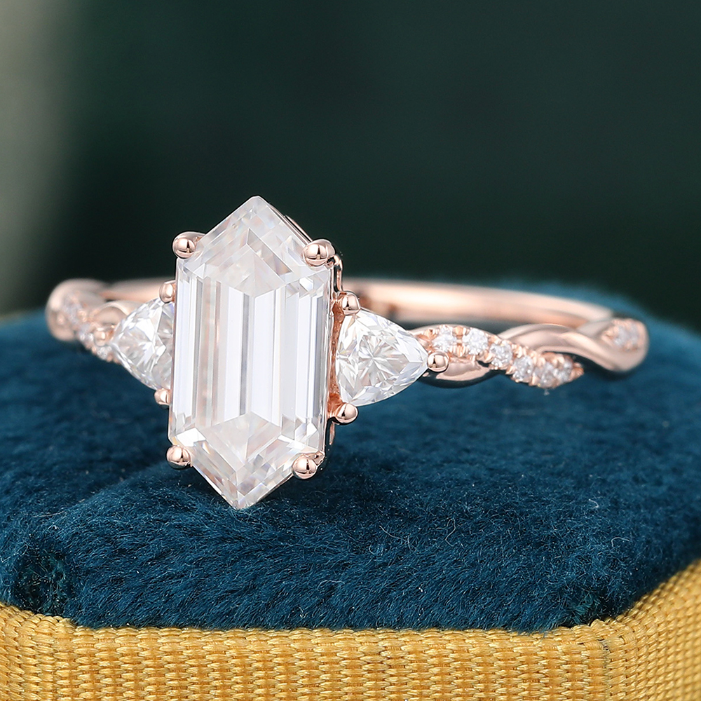 Juyoyo Elongated Hexagon Cut Moissanite Twisted Engagement Ring Rose Gold Bridal Ring