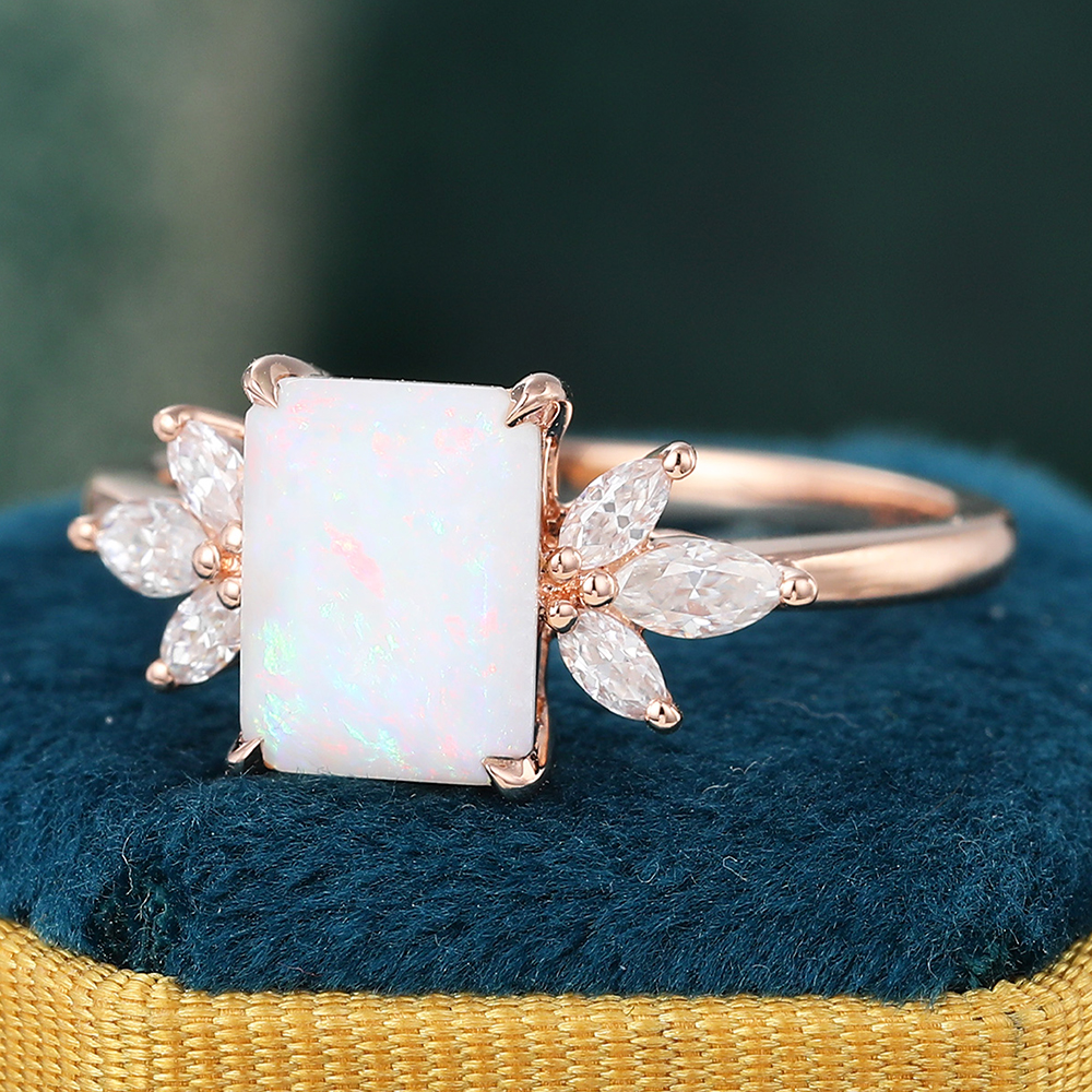 Emerald Cut Opal Engagement Ring Diamond Cluster Ring Women's Anniversary Gift