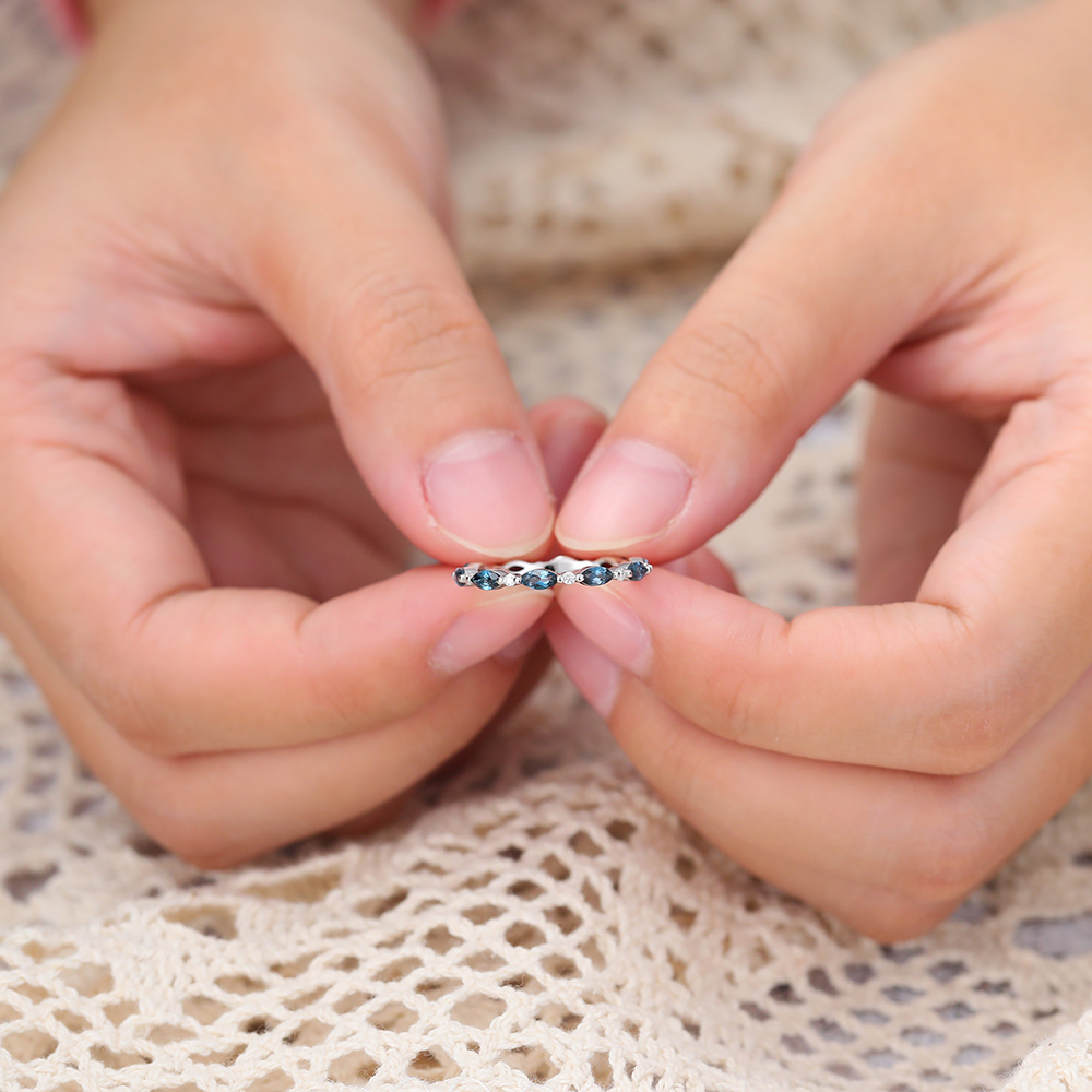 Juyoyo Marquise Cut London Blue Topaz White Gold Stacking Eternity Wedding Band