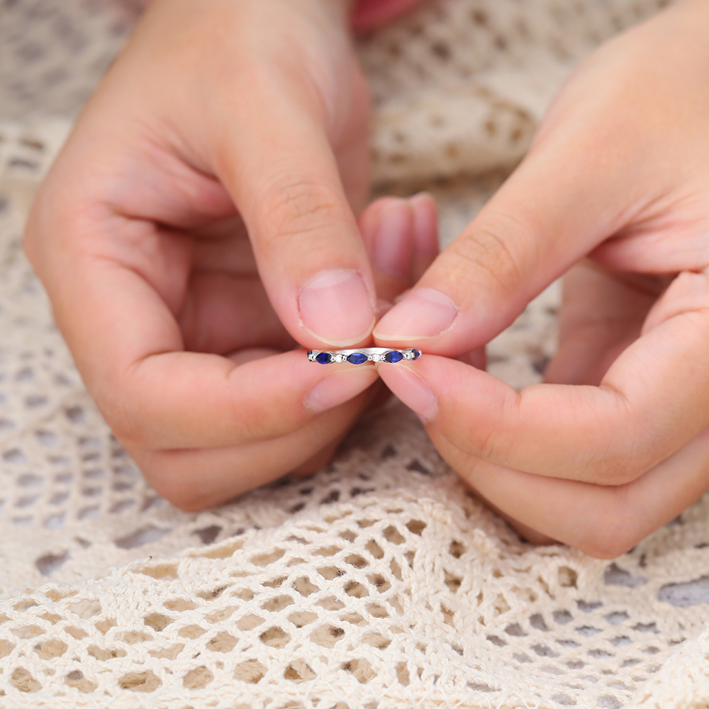 Juyoyo Marquise Cut Sapphire White Gold Stacking Half Eternity Wedding Band