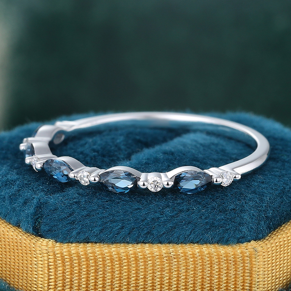 Juyoyo Marquise Cut London Blue Topaz White Gold Stacking Half Eternity Wedding Band