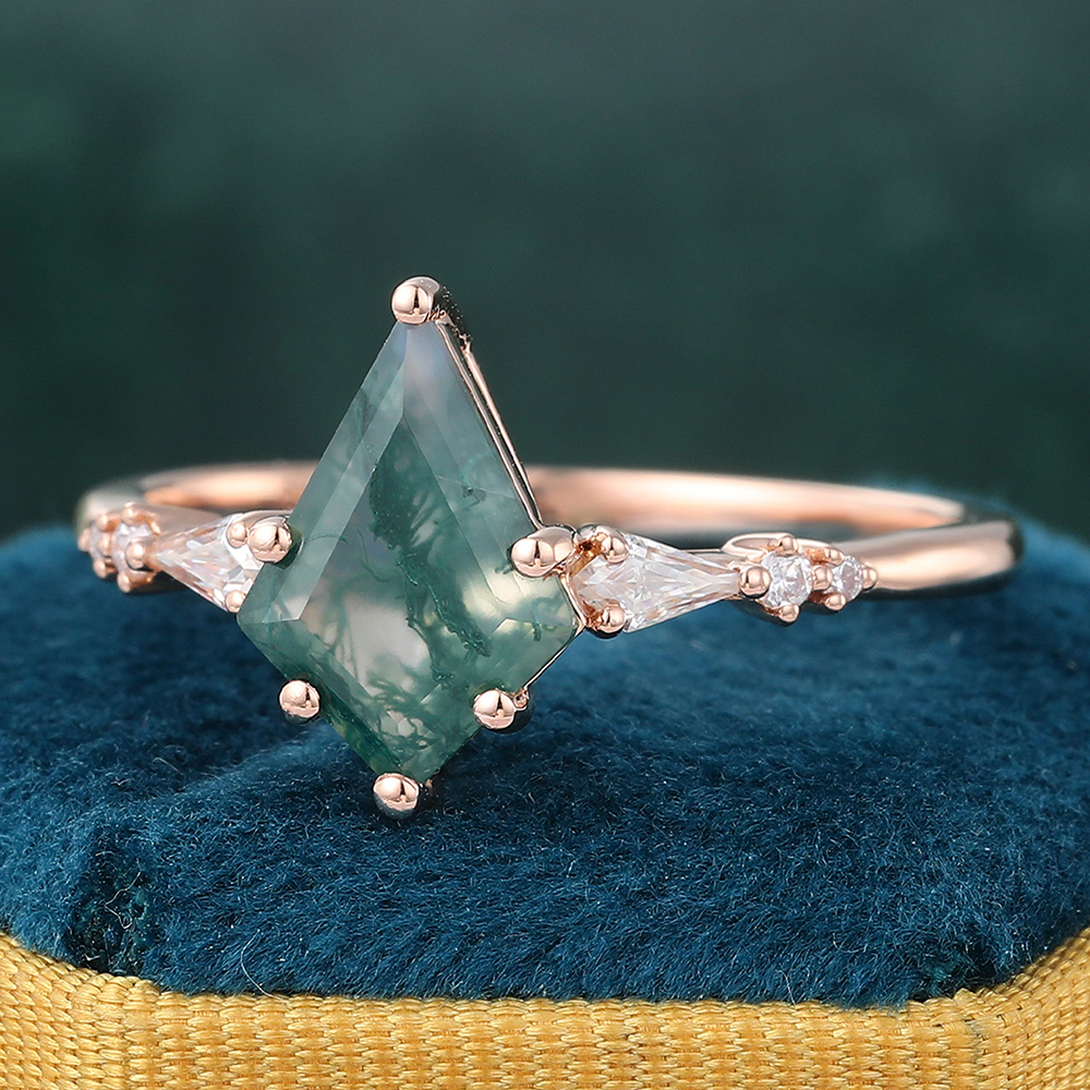 Kite Cut Moss Agate Engagement Ring with Diamond Accents in Rose Gold