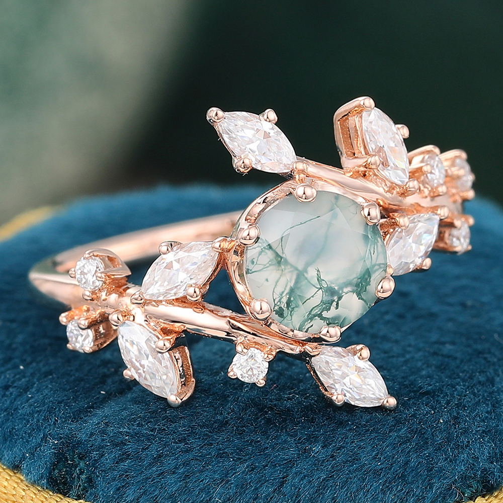 Juyoyo Nature Inspired Round Moss Agate Ring Rose Gold
