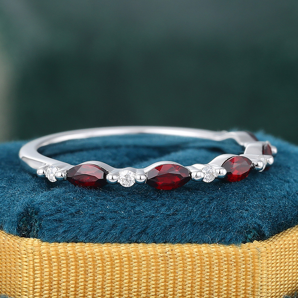 Juyoyo Marquise Cut Garnet White Gold Stacking Half Eternity Wedding Band
