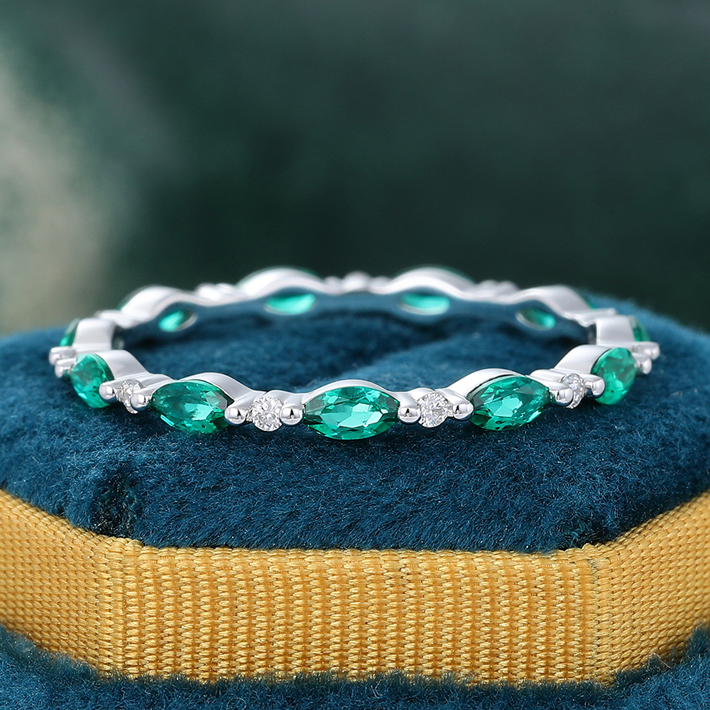 Juyoyo Marquise Cut Emerald Yellow Gold Stacking Eternity Wedding Band