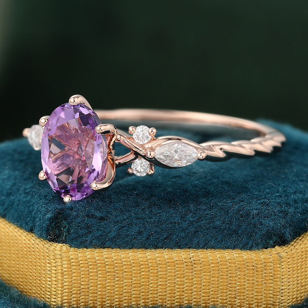 Juyoyo 1.4ct Oval Purple Amethyst & Diamond Engagement Ring Vintage Twist Ring in 14K Rose Gold