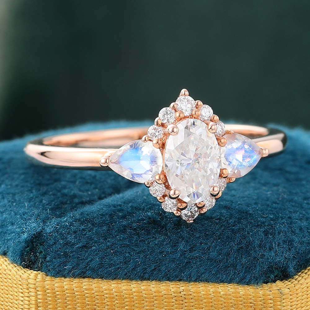 Juyoyo Oval Cut Moissanite Rose Gold Moonstone Engagement Ring