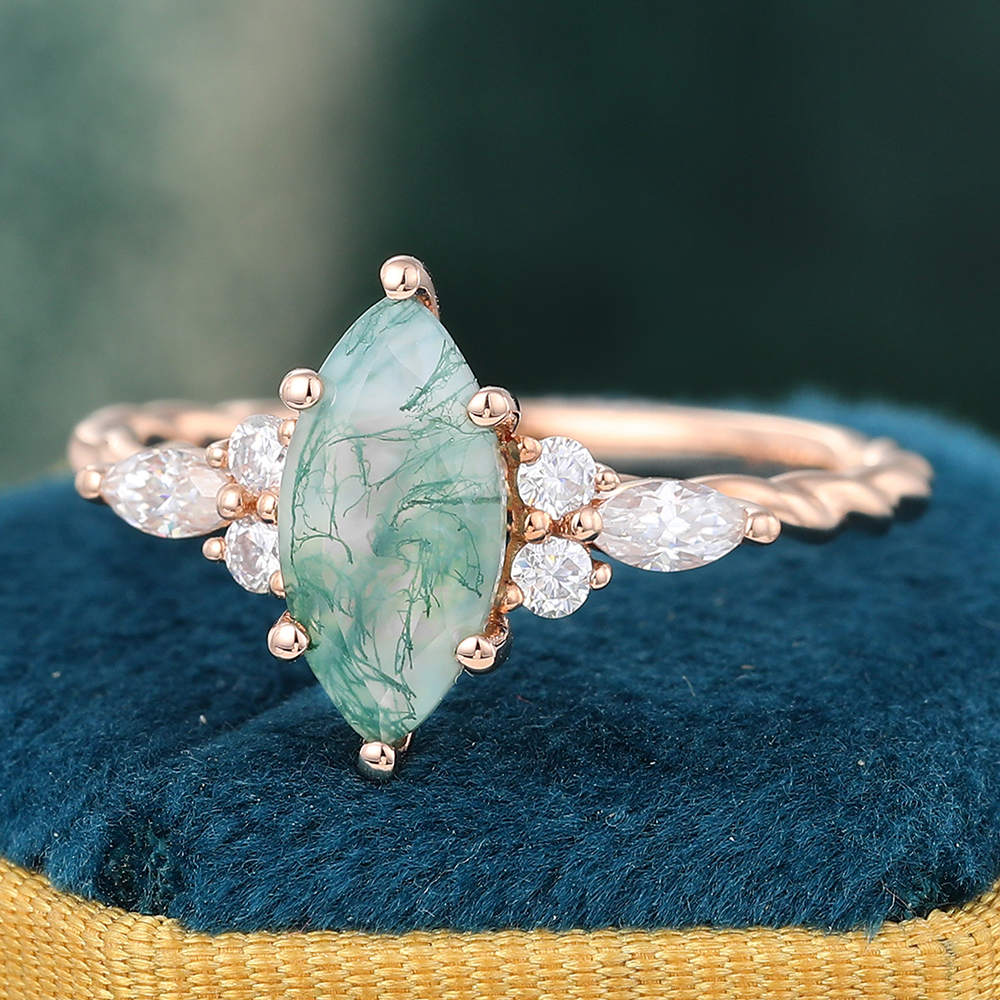 Juyoyo Marquise Cut Moss Agate Ring Twisted Rose Gold