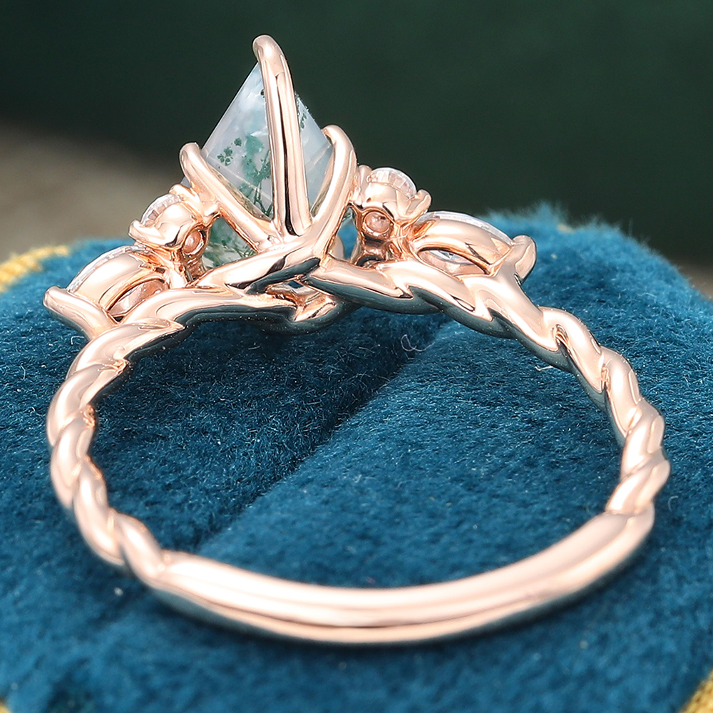Kite Cut Moss Agate Ring Twisted Unique Engagement Ring in Rose Gold