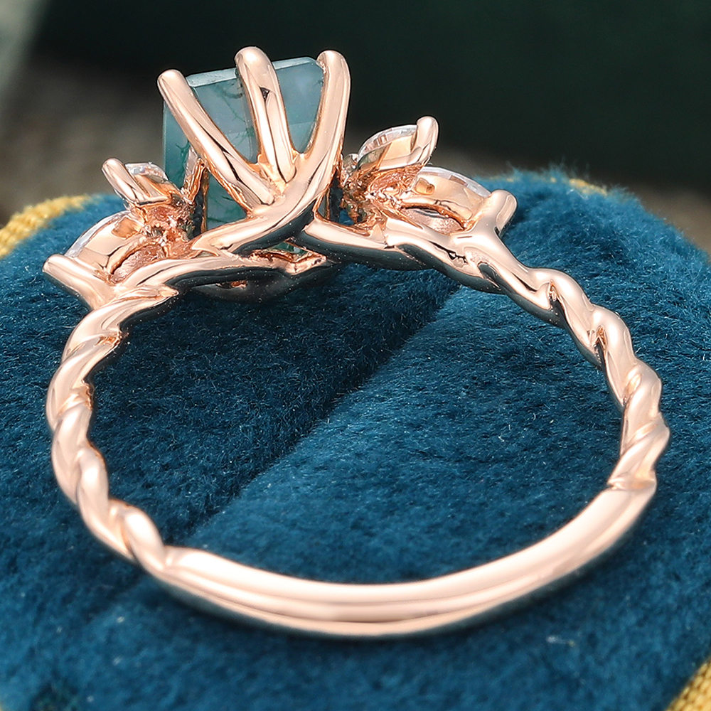 Nature Inspired Emerald Cut Moss Agate Twisted Ring with Moissanite Accents