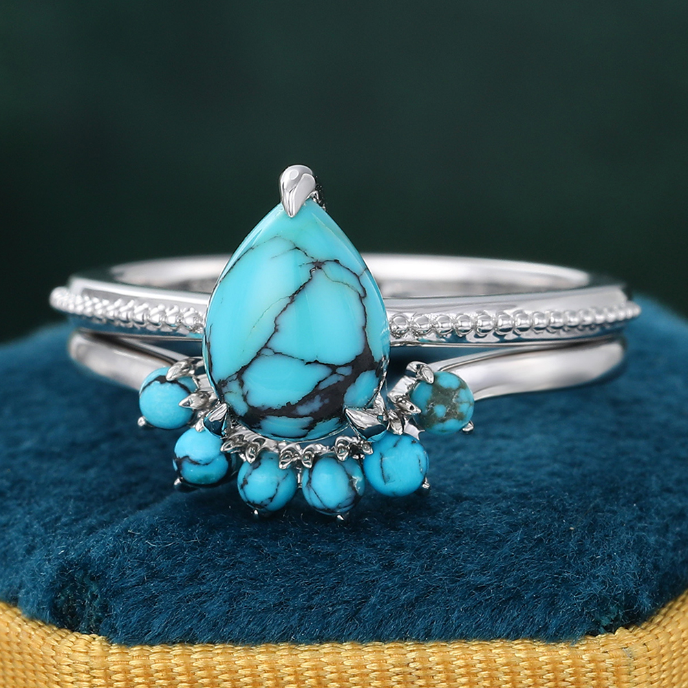 Juyoyo Vintage Turquoise Ring Set 14K White Gold Wedding Ring Set December Birthstone Gift - 2pcs