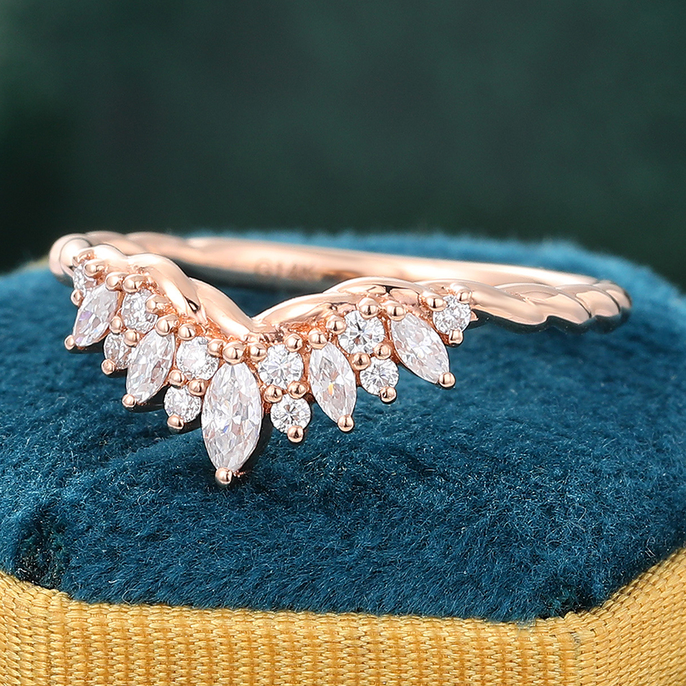 Juyoyo Marquise Cut Moissanite Rose Gold Curved Twisted Wedding Band