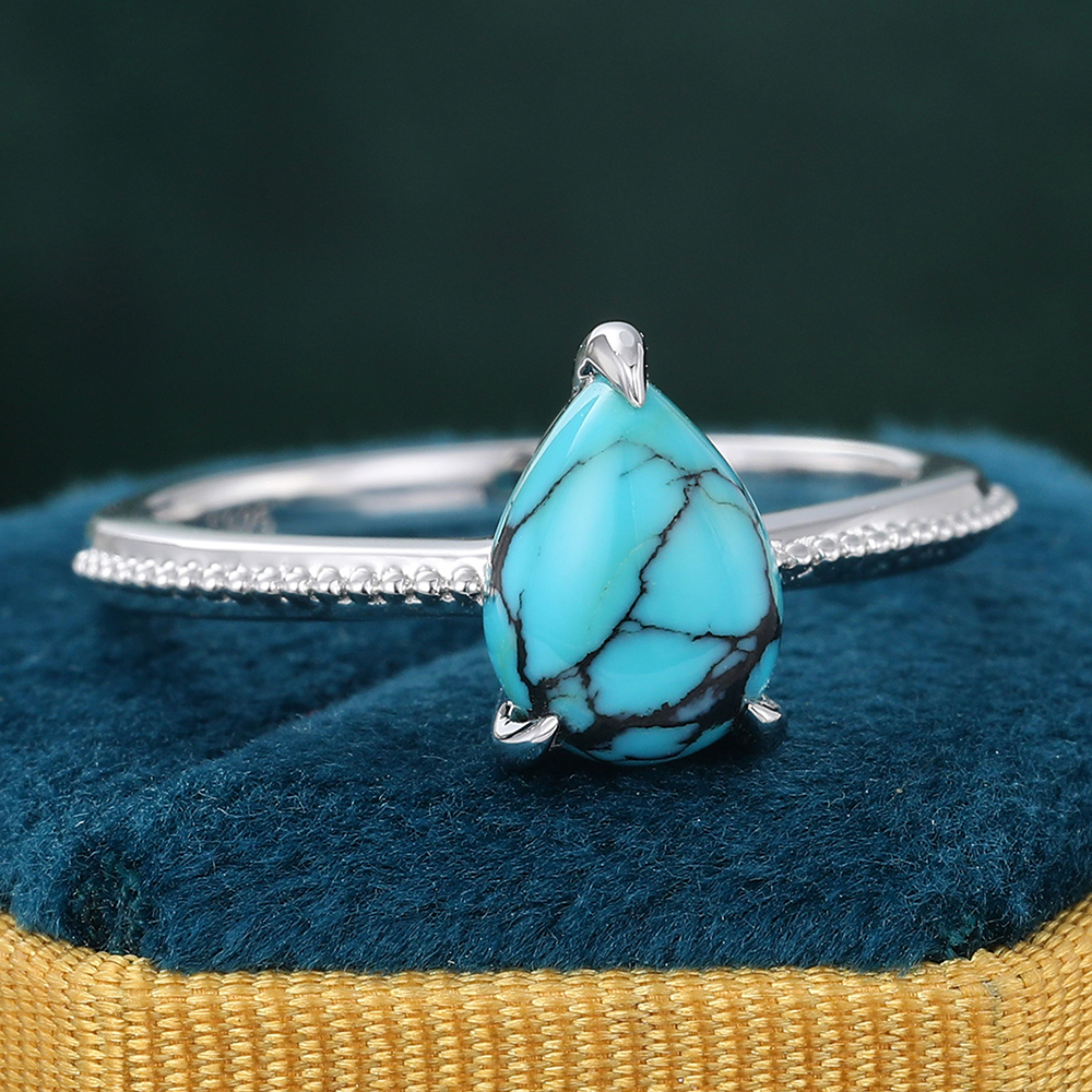Juyoyo Pear Shaped Turquoise White Gold Engagement Ring December Birthstone Ring for Women & Men