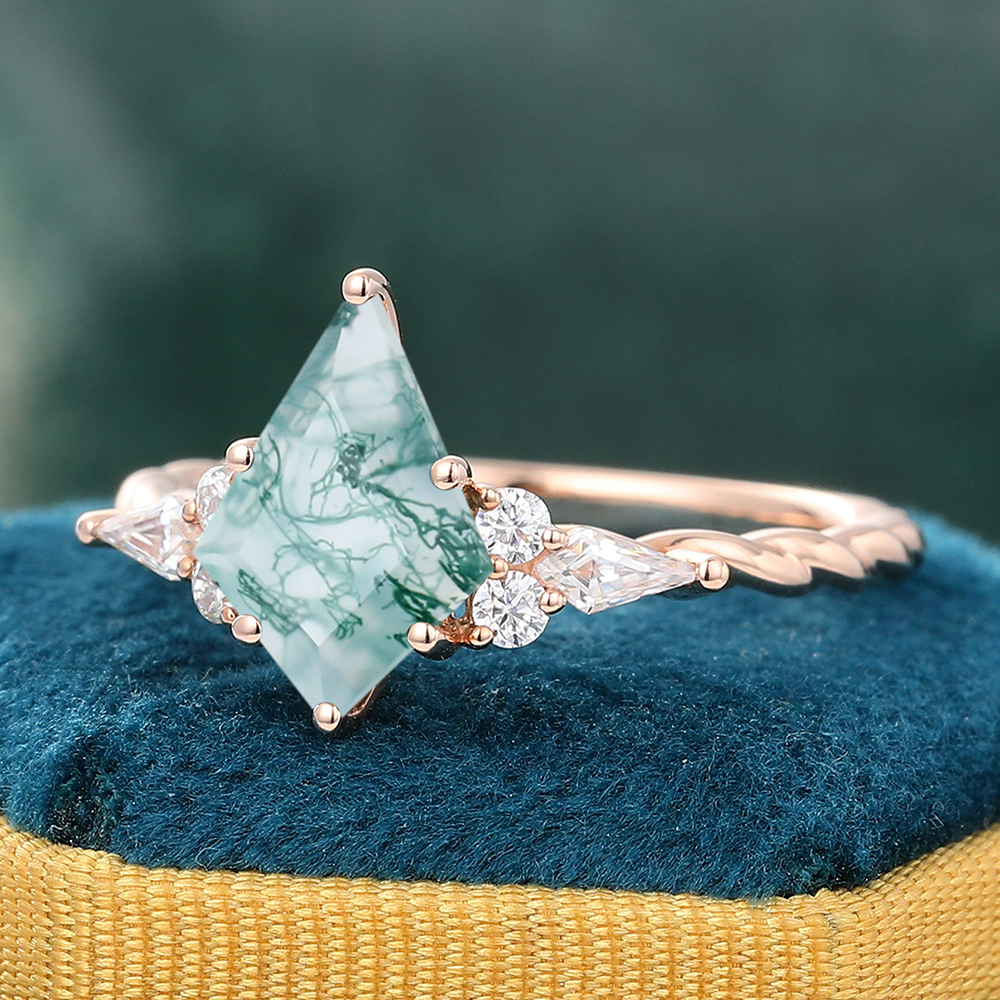 Kite Shaped Moss Agate Twisted Engagement Ring