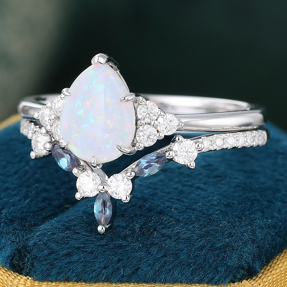 Pear Opal Engagement Ring with Match Curved Diamond & Alexandrite Wedding Band - 2pcs Bridal Ring Set