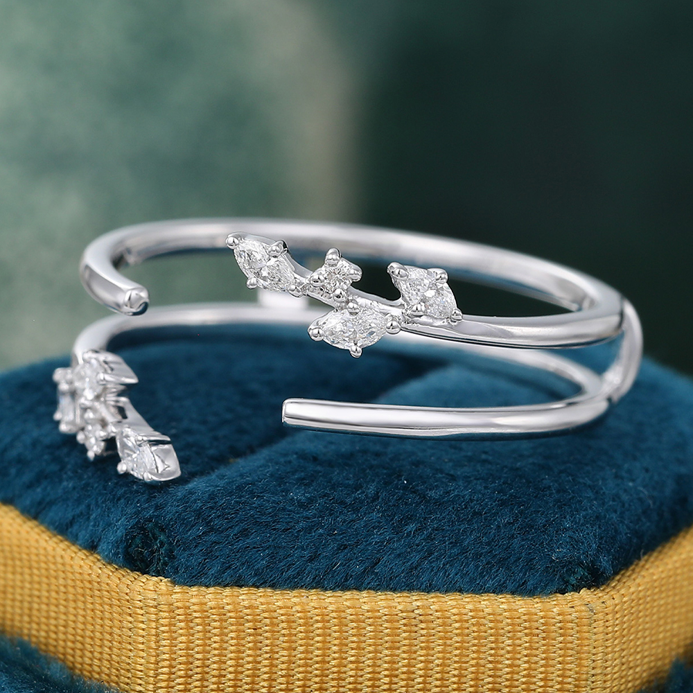 Juyoyo Moissanite Twig Double Bands Matching Ring White Gold Curved Wedding Ring