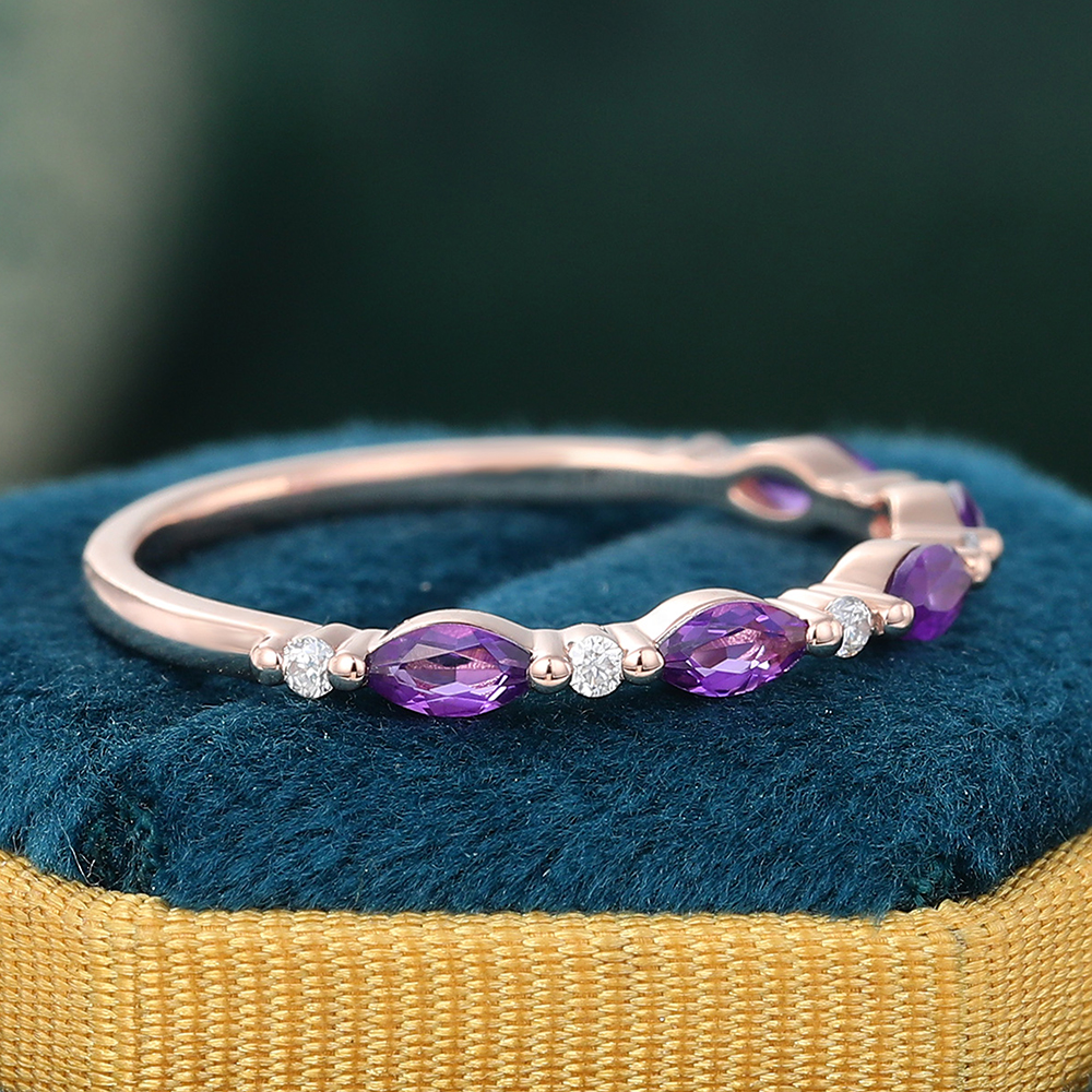Juyoyo Marquise Cut Amethyst Rose Gold Stacking Half Eternity Wedding Band