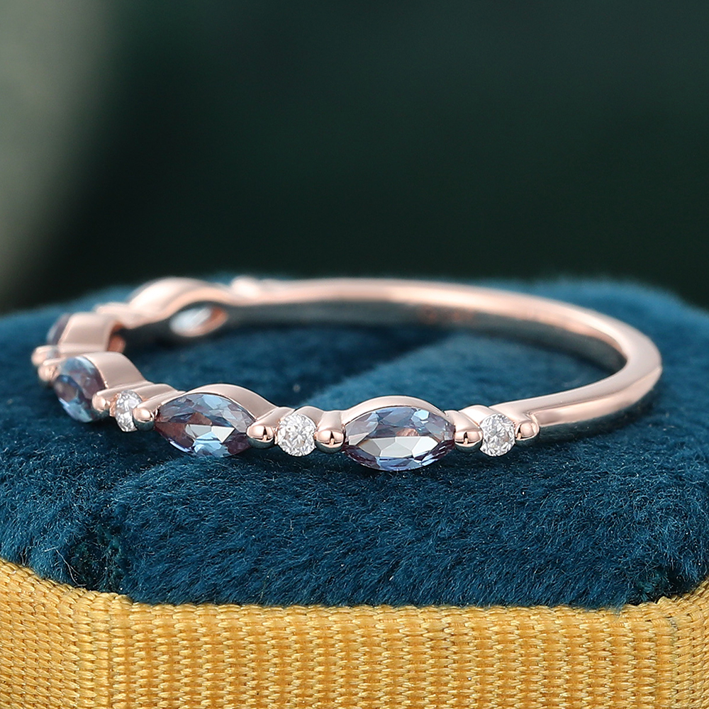 Juyoyo Marquise Cut Alexandrite Rose Gold Stacking Half Eternity Wedding Band