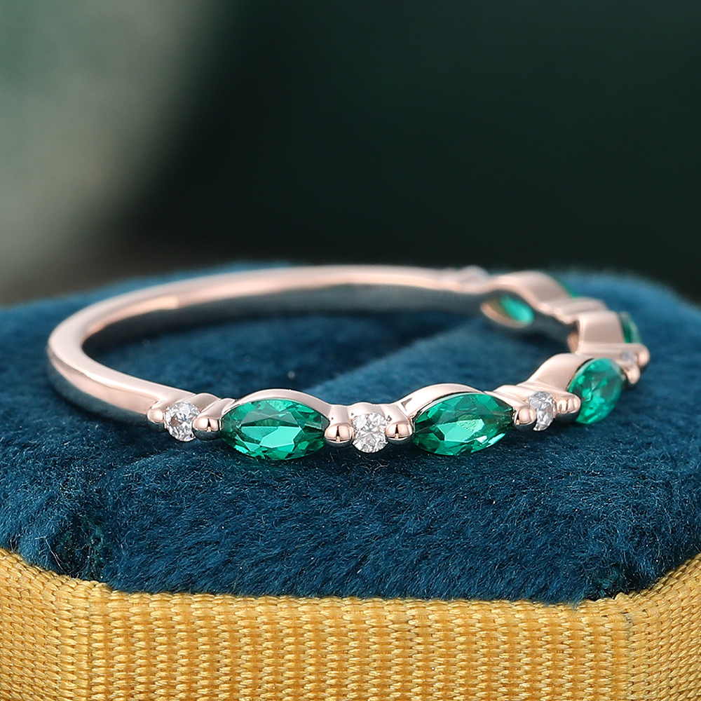 Juyoyo Marquise Cut Emerald Rose Gold Stacking Half Eternity Wedding Band