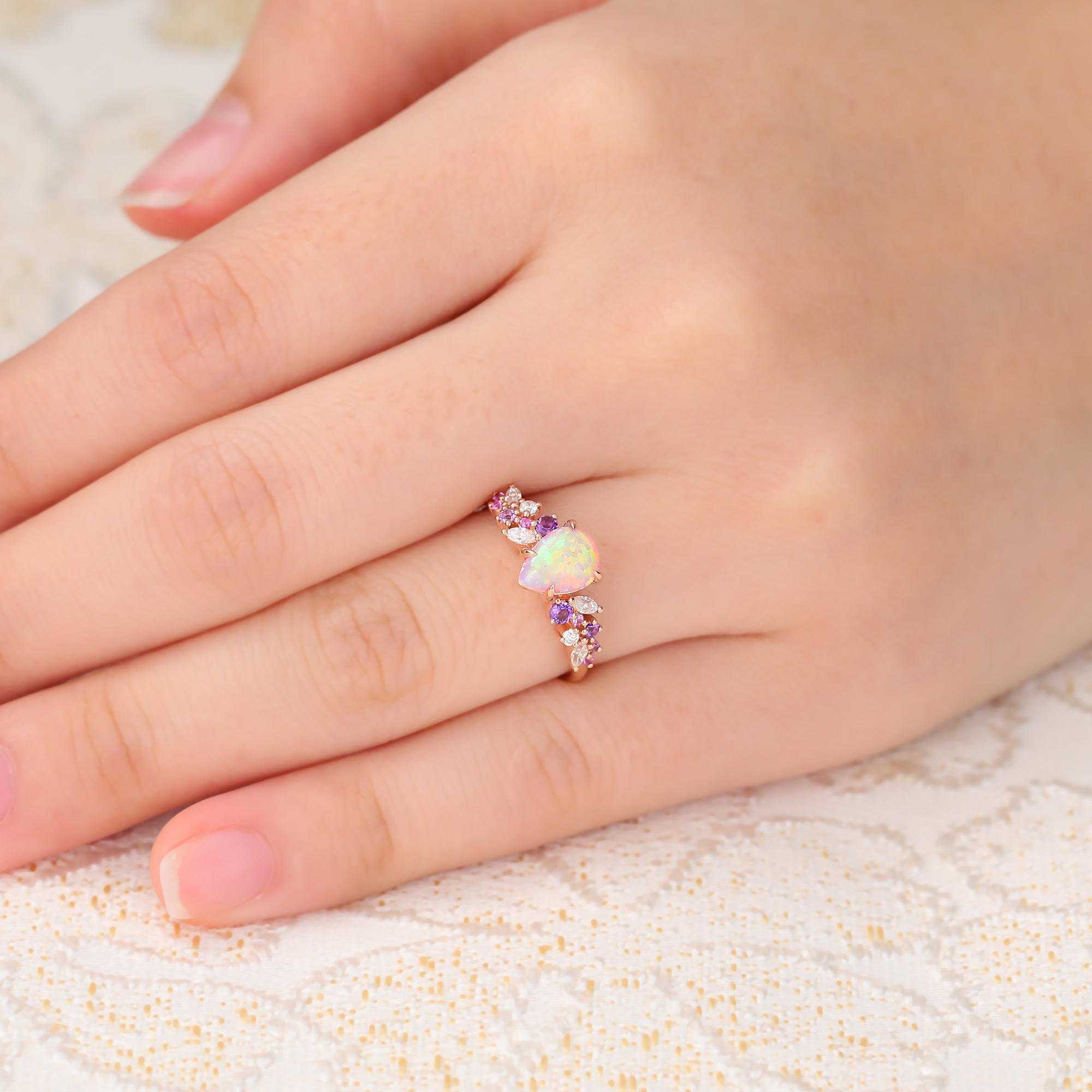 Juyoyo Pear Shaped Pink Opal Engagement Ring Sapphire Amethyst Moissanite Accents Wedding Ring