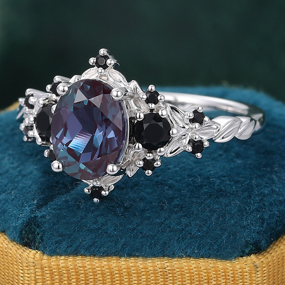Juyoyo Unique Oval Cut Alexandrite Engagement Ring Vintage Black Onyx Ring - 14K White Gold