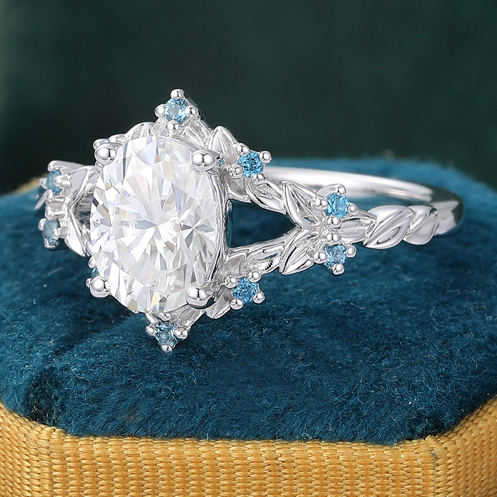 Juyoyo Oval Moissanite Engagement Ring Olive Leaves London Blue Topaz Accents Bridal Ring
