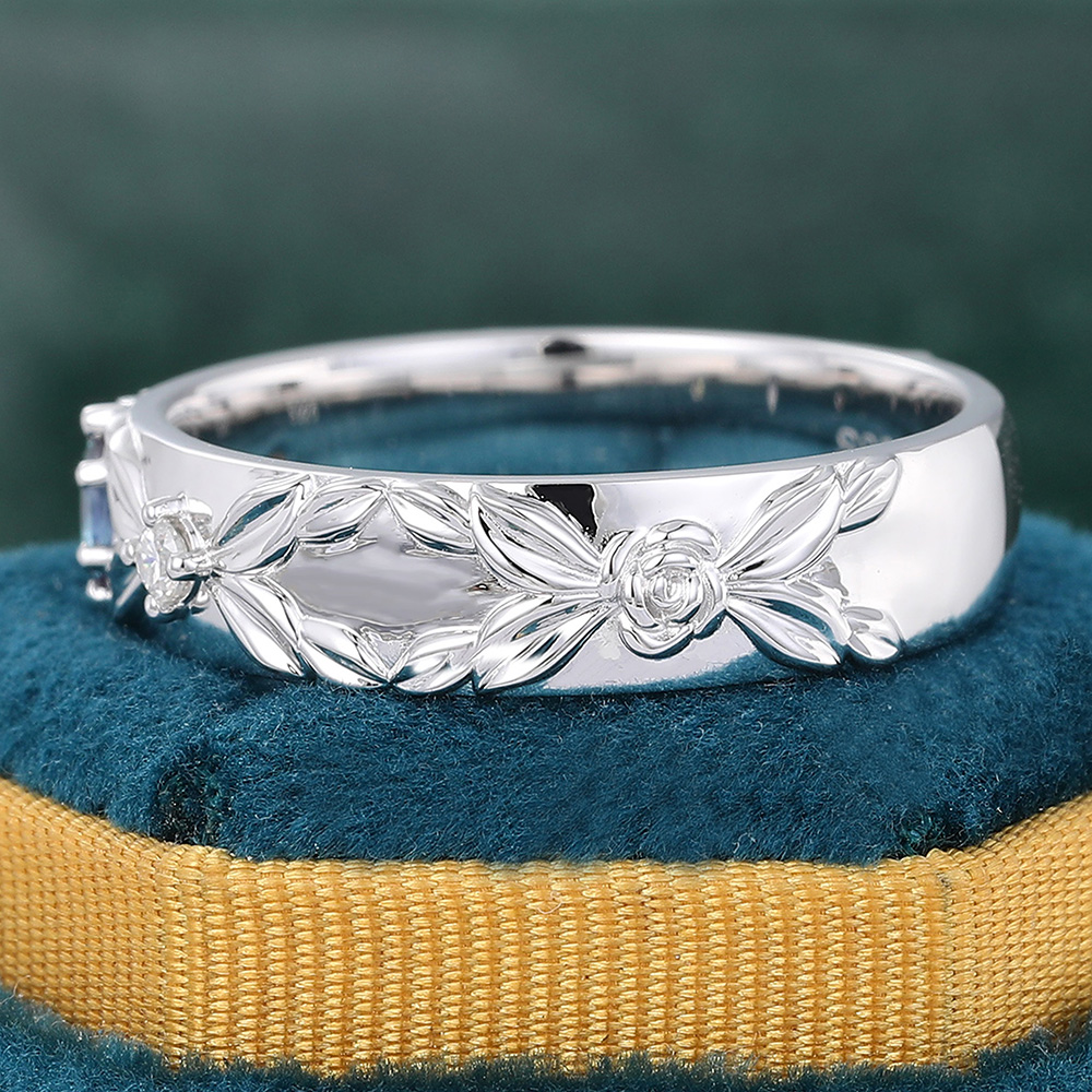 Juyoyo Verdure Alexandrite and Moissanite Wedding Band S925 Leaf Nature Inspired Stacking Ring