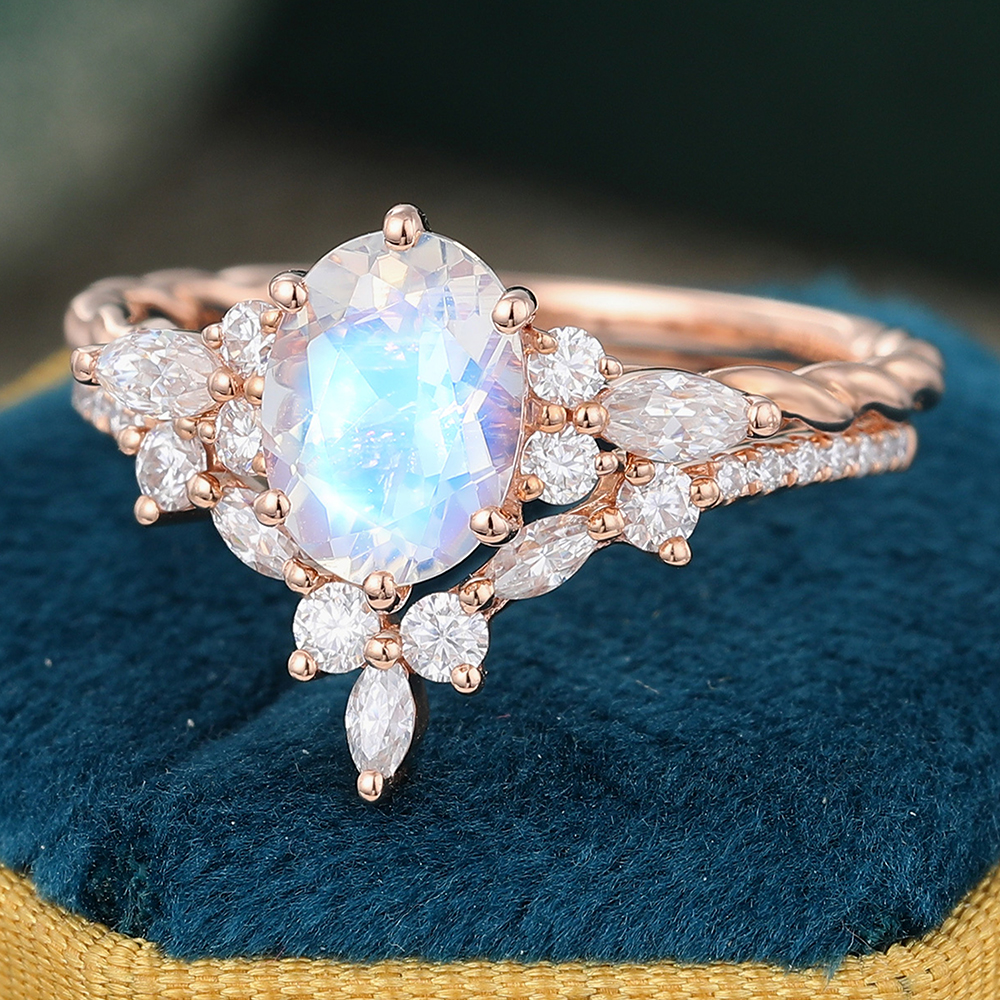 Juyoyo Exquisite Oval Moonstone & Moissanite Wedding Ring Set - 2pcs Bridal Ring Set