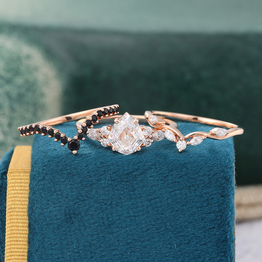 Juyoyo Shield Shaped Moissanite Bridal Ring Set Black Onyx Engagement Ring Set - 3pcs