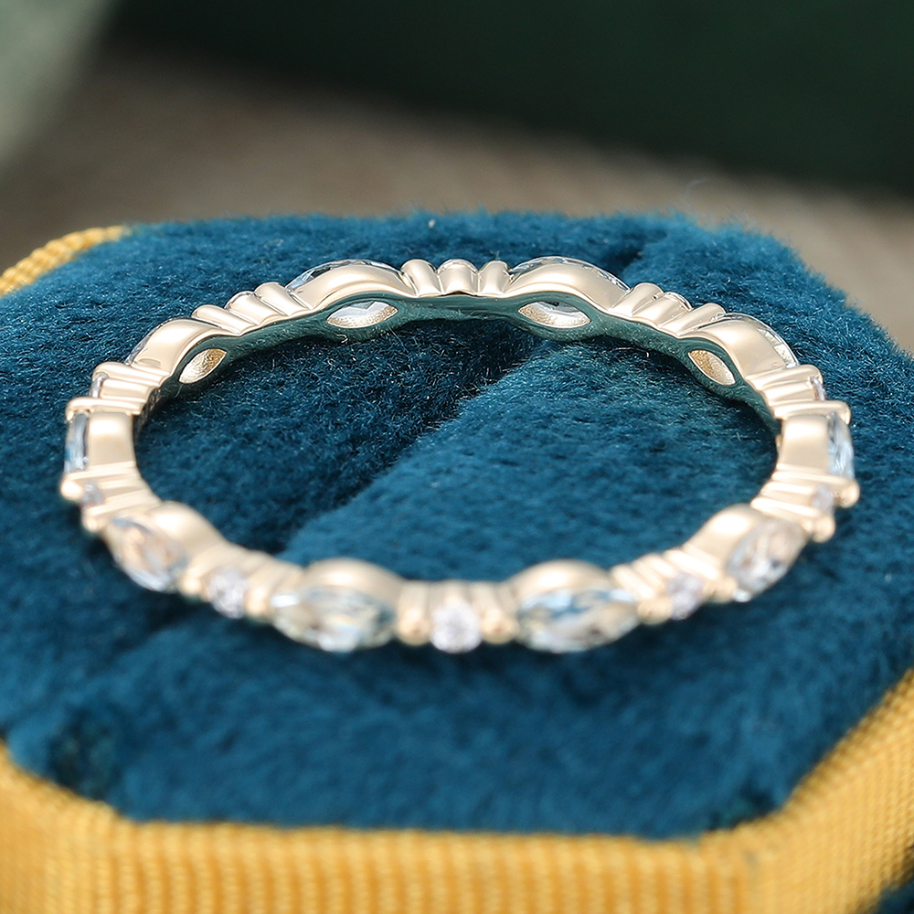 Juyoyo Marquise Aquamarine Ring Rose Gold Eternity Wedding Band