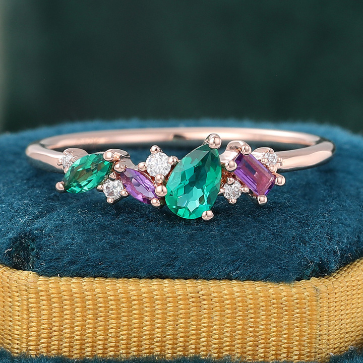 Emerald and Amethyst and Diamond Engagement Ring