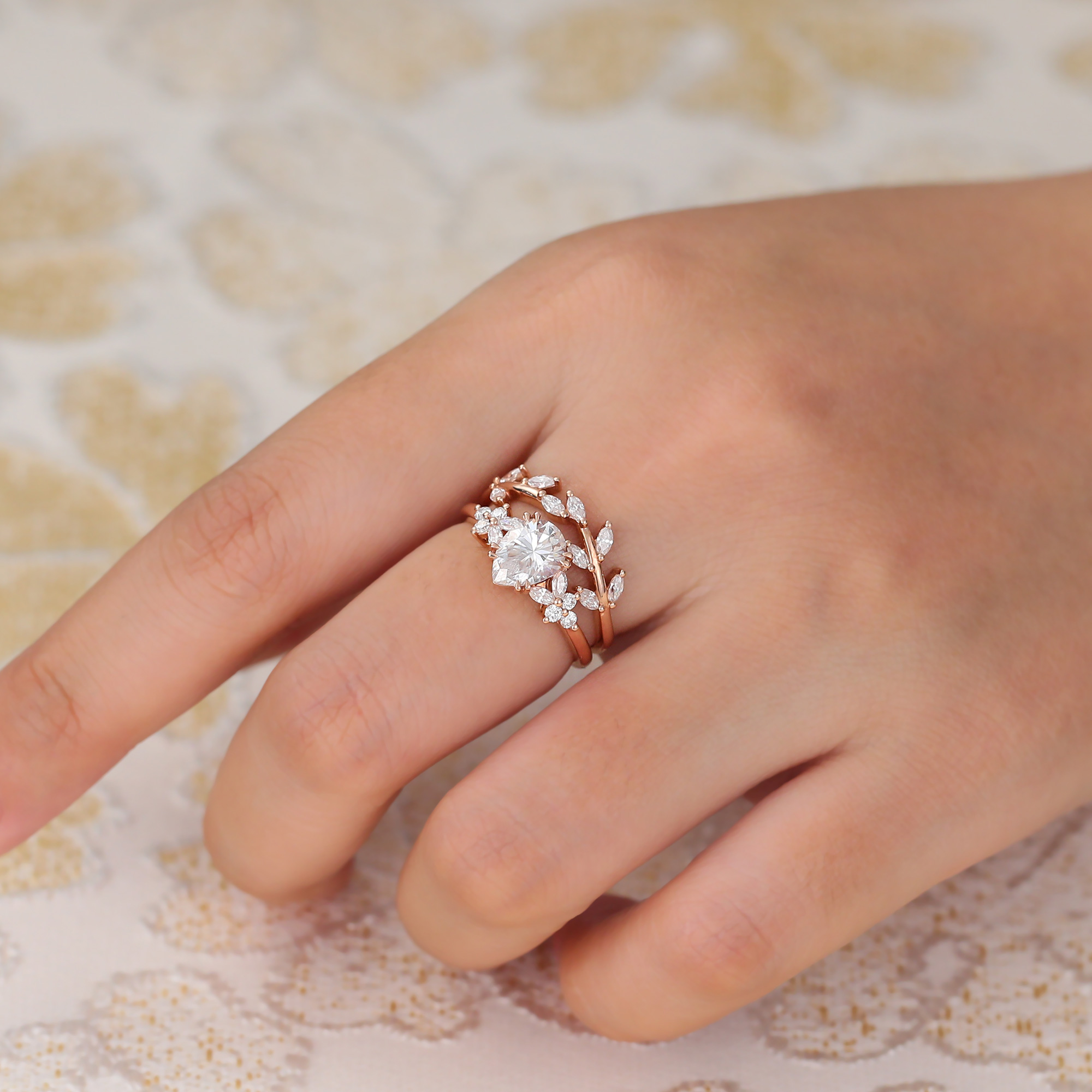 Juyoyo Pear Shaped Moissanite Bridal Ring Set Leaf Nature Inspired Engagement Ring Set Rose Gold