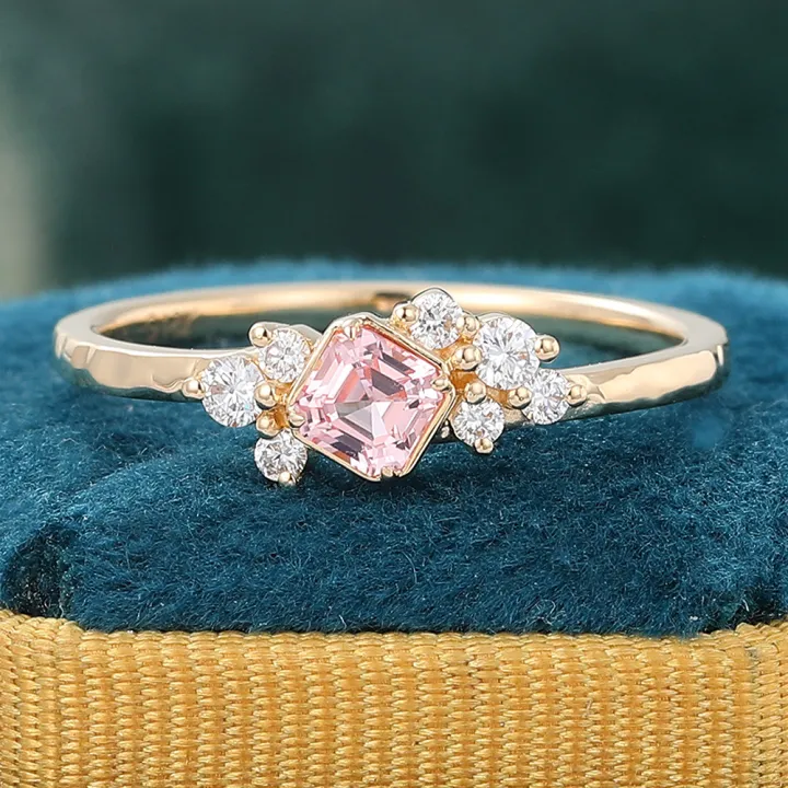 Asscher Cut Pink Sapphire Engagement Ring Diamond Cluster Promise Ring Yellow Gold